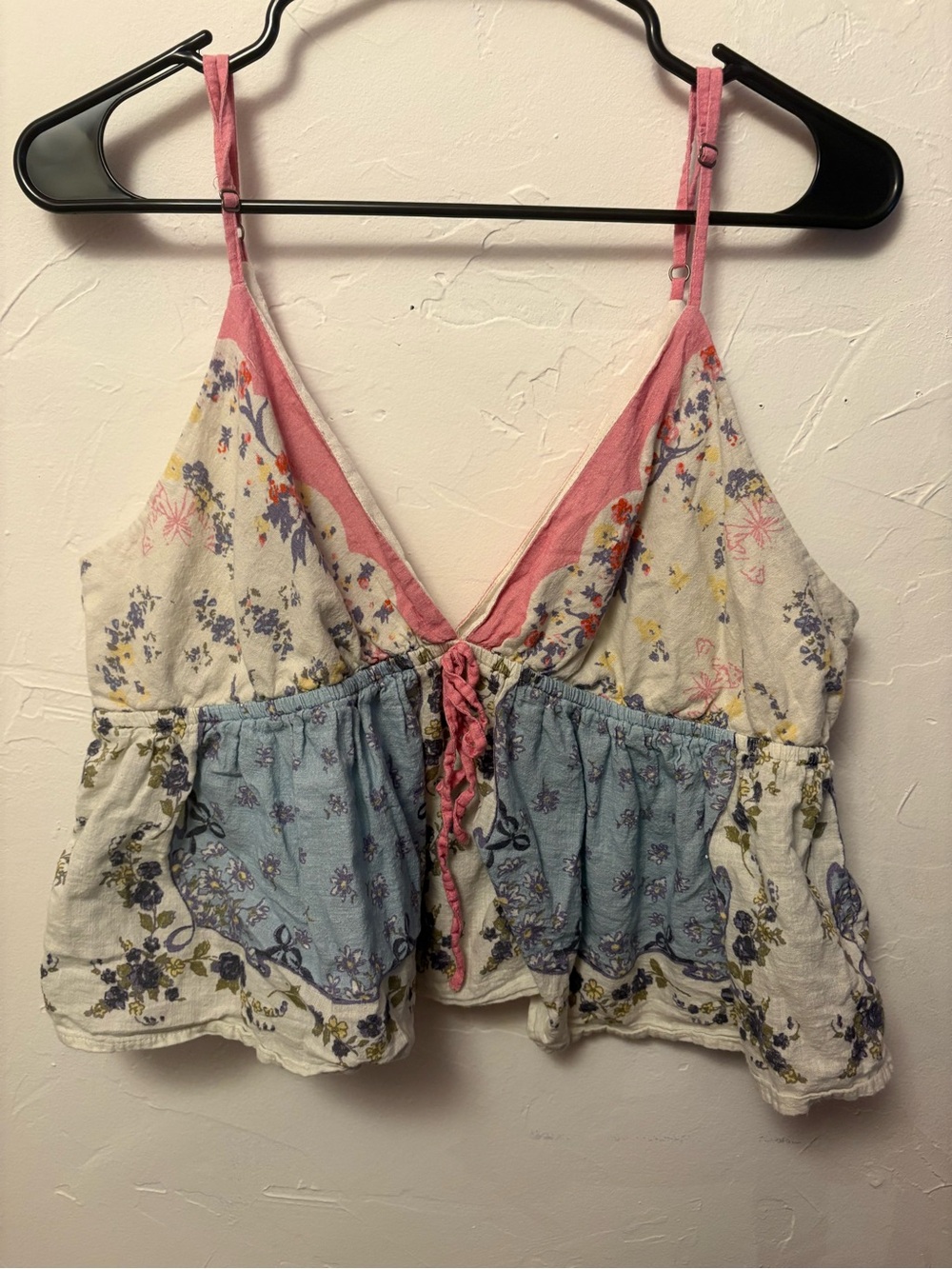 Free People Floral Patchwork Pink Trim Cropped Tank